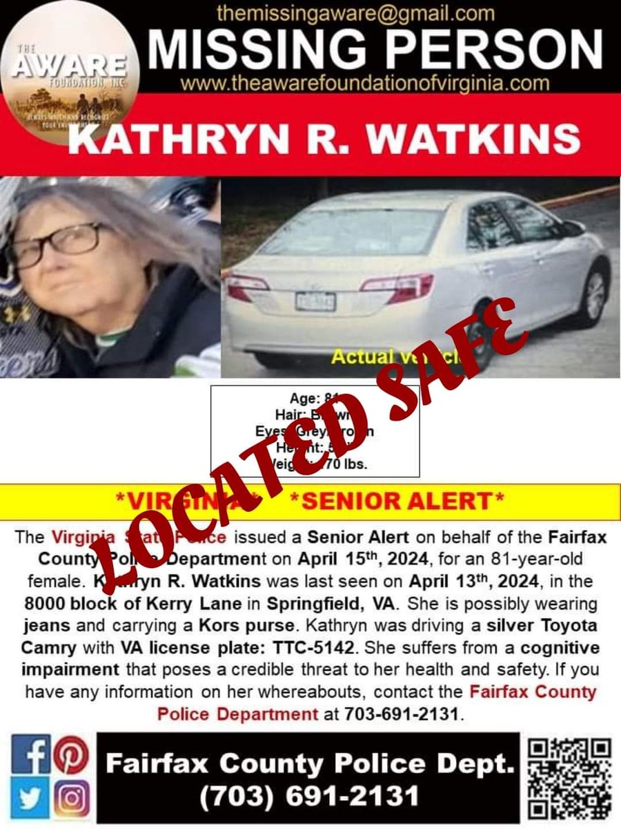 UPDATE: Ms. Watkins has been located and is SAFE.  Thanks again for your help.  #TheAWAREFoundation