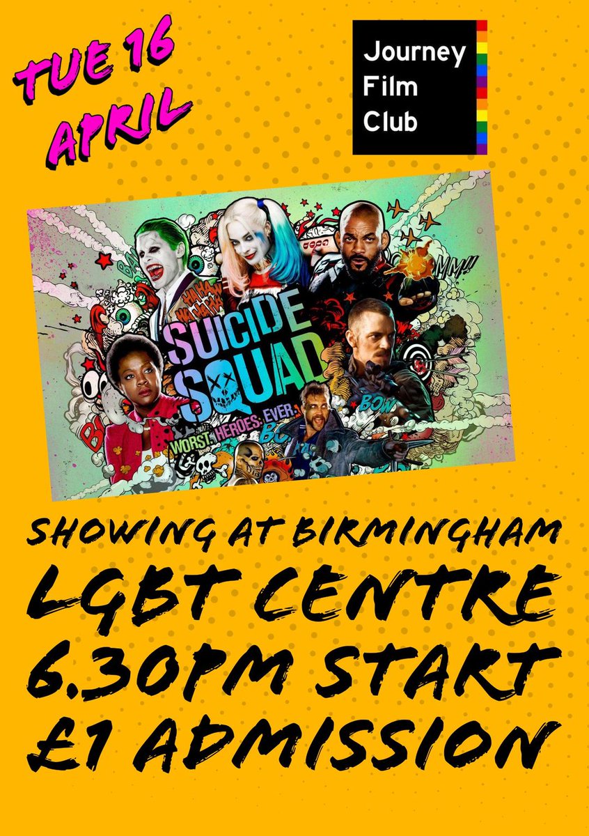 #GeekyGoingsOn @GeekyBrummie Tomorrow Tues 16 April @birminghamlgbt @Journeyfilmclub screening of #SuicideSquad rb.gy/79km2n