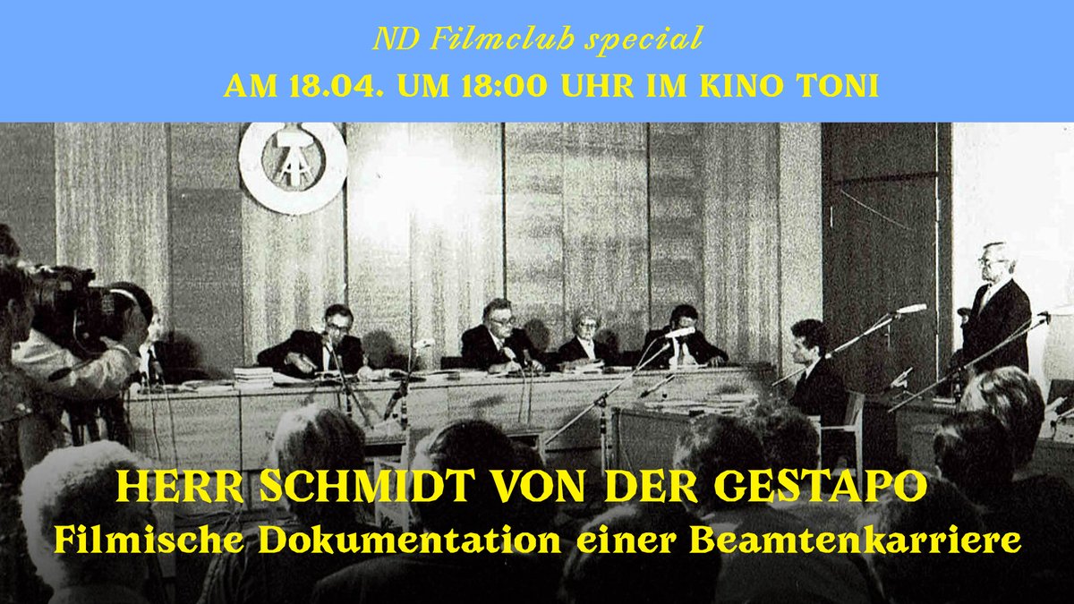 nd Filmclub: Herr Schmidt von der Gestapo - Do 18.04. 18.00h - der Prozess nach über 40 Jahren, noch in der DDR, bildet Anlaß und Rahmen der Beschäftigung mit dem gesellschaftlichen System, das die faschistischen Verbrechen hervorbrachte. @ndaktuell @DEFAStiftung