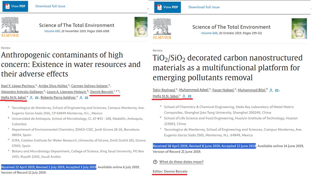 Next to editing his own papers Damia Barcelo (@IDAEA_CSIC) also likes to edit papers from his frequent co-author, #papermill expert Hafiz M.N. Iqbal from @TecdeMonterrey. 4 examples below (but more to be found). Will @ELSenviron stop this #fraud?