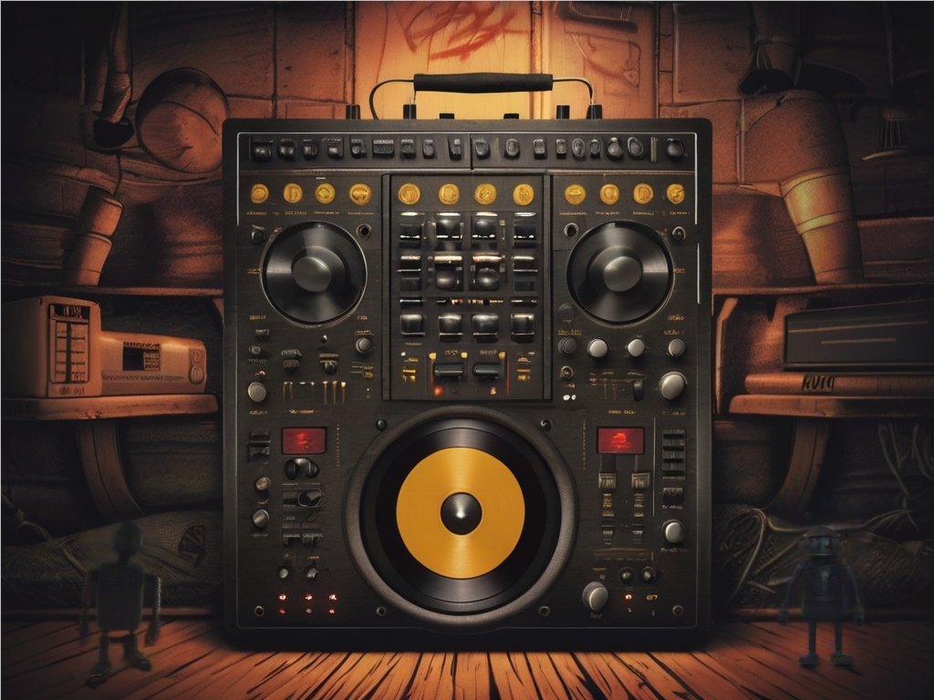 The image of a pair of small robots (Hip Hop Fashion). An image for underground boom bap instrumental beat for rap music at 85 rpm created by Intelligence Artificial.