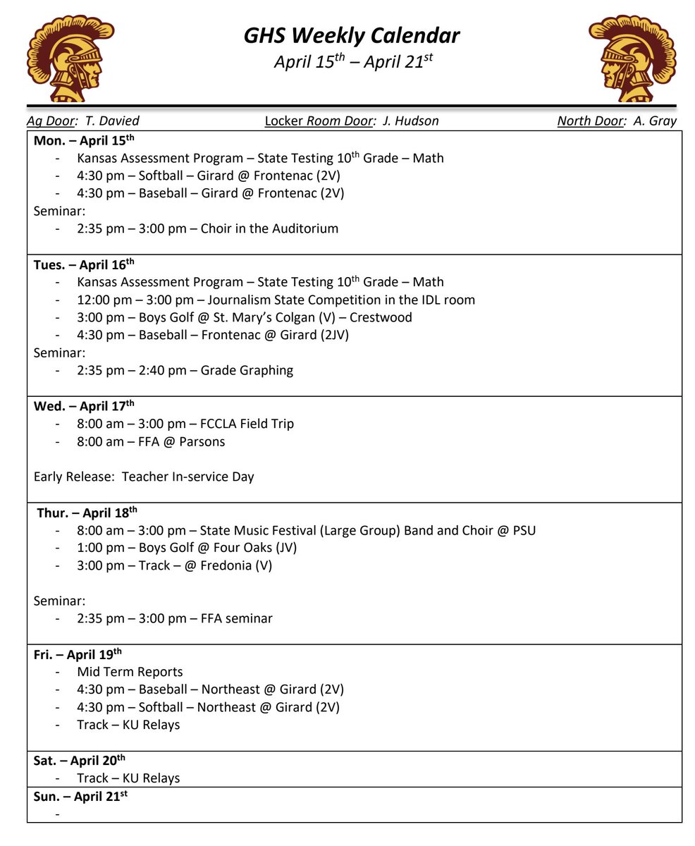 #248GHS Weekly Calendar
📚🥎⚾️🎼📰⛳️📈🐔🤠🎶🏃🏃‍♀️