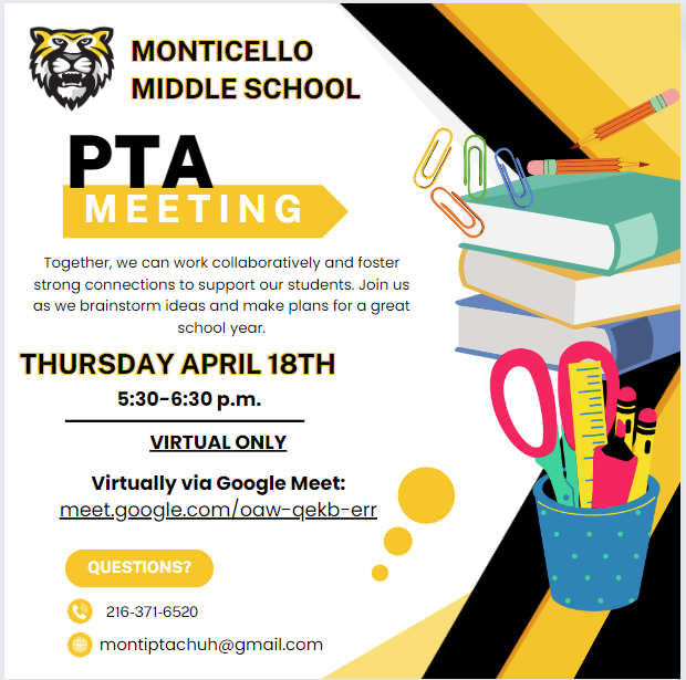 Tiger Nation Attention Monti PTA, this week's meeting is virtual.