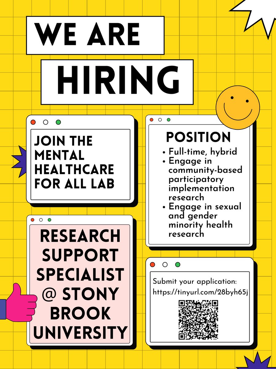 The Mental Healthcare for All Lab is hiring! This is a great opportunity for someone looking for research experience before applying to graduate school in mental health/related fields. Hybrid, full-time, can live in NYC. Job description: stonybrooku.taleo.net/careersection/… Pls RT/share!