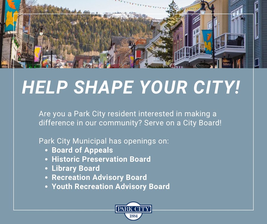 ParkCityGovt's tweet photo. Are you a #ParkCity resident interested in helping #ShapeYourCity?
PCMC is seeking candidates for 5 public boards.
• Appeals
• Historic Preservation
• Library
• Recreation Advisory
• Youth Recreation Advisory
Qs? Email mdownard@parkcity.org
More: https://t.co/dfjy68Ivk2 https://t.co/n407TdG5GY