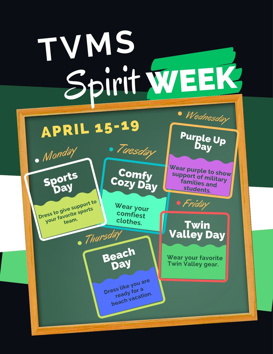#MotivationMonday: TVMS families, showcase your Twin Valley pride and celebrate Spirit Week with these exciting themes!

Monday, 4/15 - Sports Day
Tuesday, 4/16 - Comfy Cozy Day
Wednesday, 4/17 - Purple Up Day 
Thursday, 4/18 - Beach Day
Friday, 4/19 - Twin Valley Day