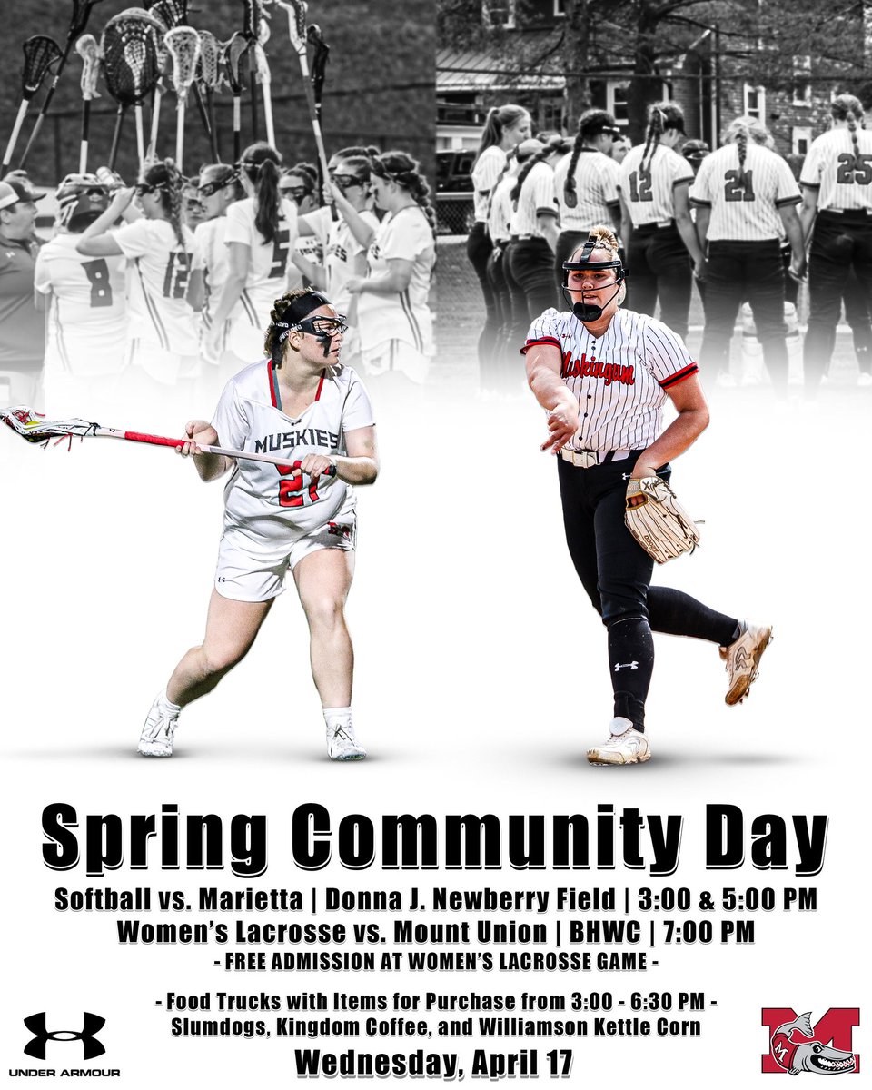 🚨Spring Community Day🚨
📅: Wednesday, April 17
🥎: Softball v. Marietta 
⏰: 3:00PM &amp; 5:00PM
📍: Newberry Field 
🚛: Food Trucks with items for purchase (3-6:30PM)
🥍: W. Lacrosse v. Mt. Union
📍: BHWC
⏰: 7:00PM - FREE Admission
<a href="/AVCSCORES/">AVC Sports</a> <a href="/brandonhannahs/">Brandon Hannahs</a> <a href="/WHIZscores/">WHIZ Sports</a>