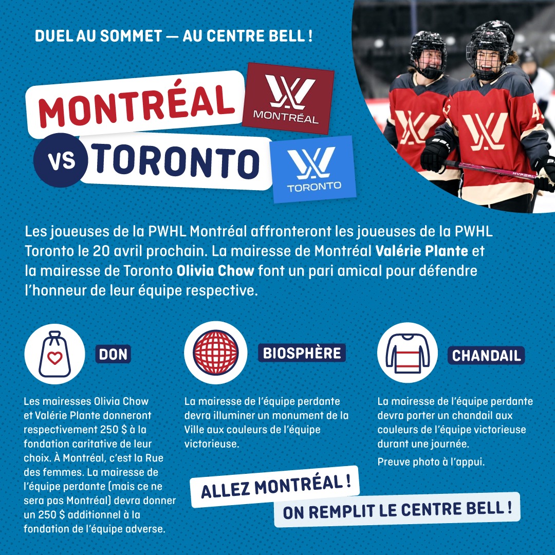 Les joueuses professionnelles de hockey féminin de la @PWHL_Montreal affronteront les joueuses de la @PWHL_Toronto dans un match très attendu au Centre Bell! 🔥 @MayorOliviaChow et moi en profitons pour faire un pari amical. Montréal au sommet! 🏒😎