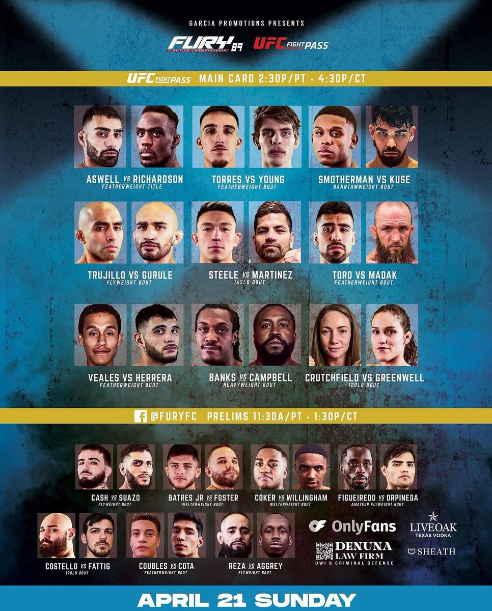 Fury FC (@furyfightingtx) on Twitter photo #FuryFC89 goes down this Sunday! #FuryFC89 goes down this Sunday!