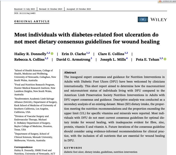 Newsflash: Most individuals with diabetes-related foot ulceration do not meet dietary consensus guidelines for wound healing #ActAgainstAmputation #ALPSLimb - DF Blog diabeticfootonline.com/2023/11/15/new…