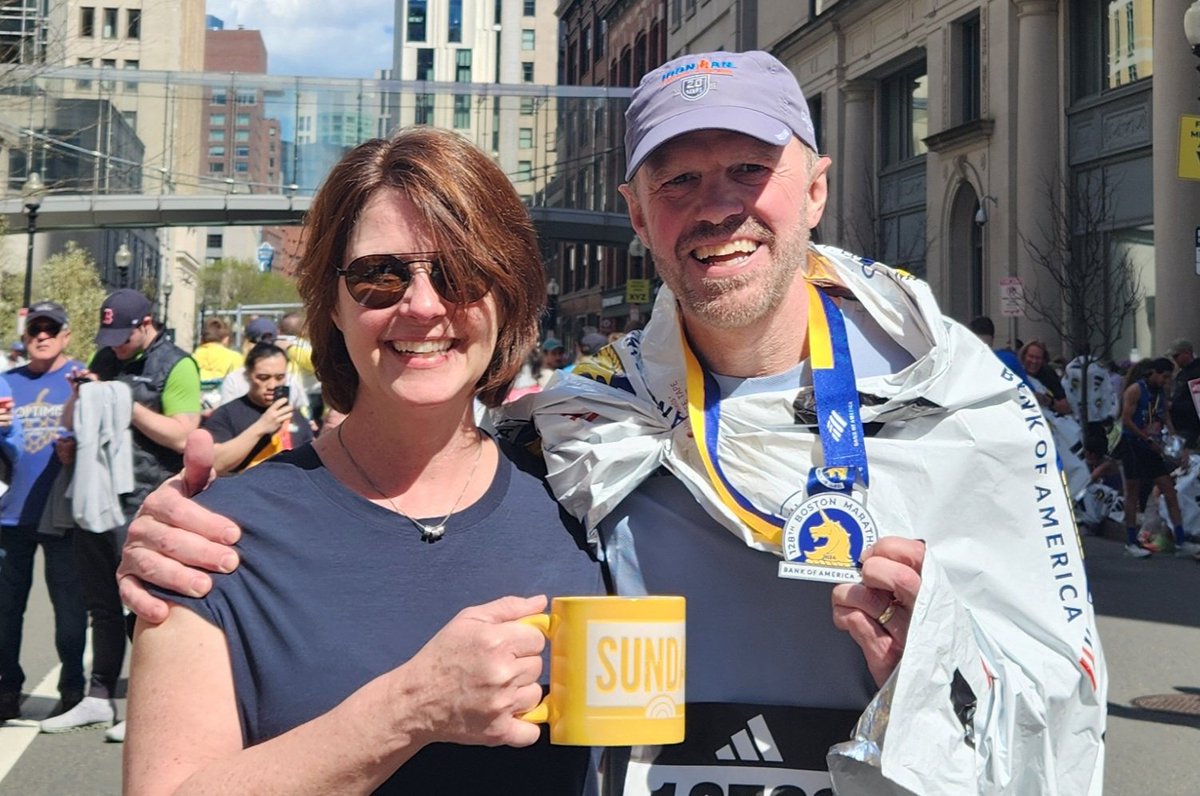 Kristin and David from Greensboro North Carolina celebrating the completion of the 2024 Boston Marathon. 14th Boston Marathon in a row for us because it such an amazing international event. #SundayTODAY