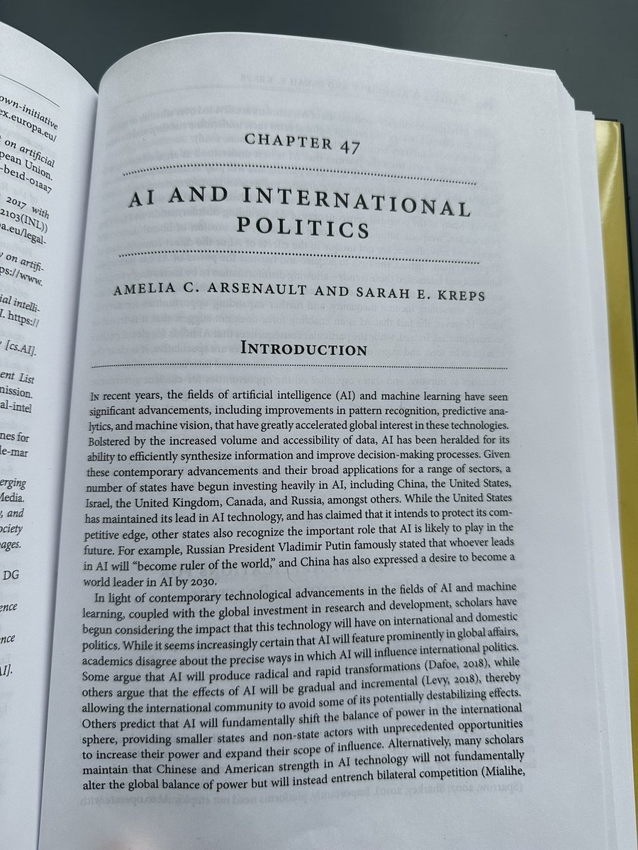So exciting to finally see ‘AI & International Politics’ in print for the upcoming Oxford Handbook of AI Governance! @sekreps A huge congrats & thank you to @JustinBullock14, @baobaofzhang, & everyone involved in bringing this great group of scholars together! @OUPAcademic
