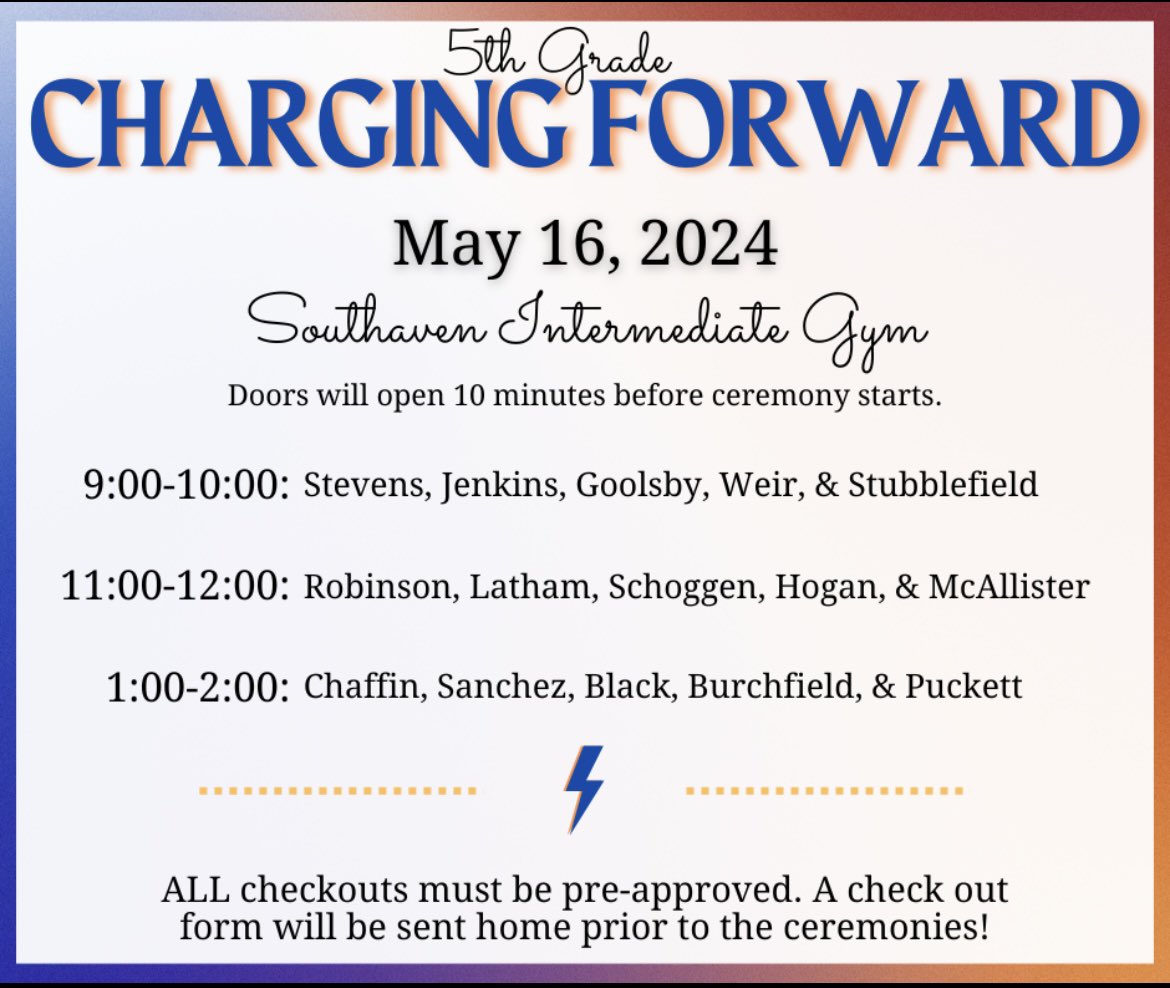 5th grade families- save the date! Our Charging Forward Ceremonies will be held at SIS on Thursday, May 16th. Invitations will be sent home in tomorrow’s take home folders along with progress reports. Finish strong! 
💙🧡