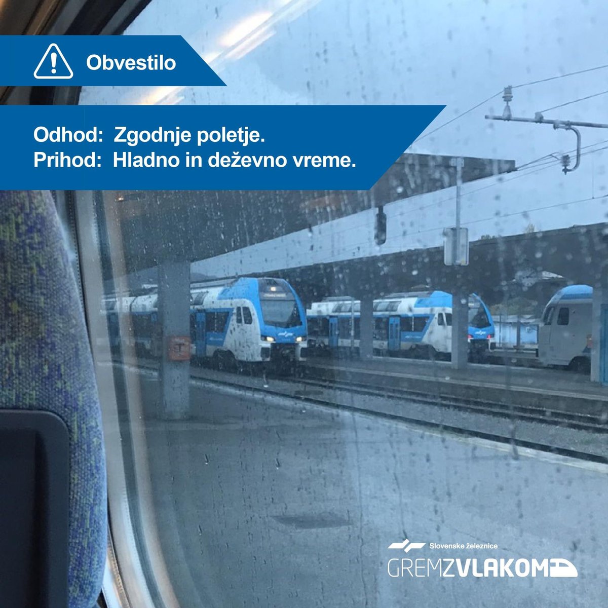 ⚠️ Od torka dalje bo deževno in hladno vreme. 🌧 Žal so zaradi nenadnega vremenskega in temperaturnega obrata možna tudi neurja ali nevihte. 😞 Naj bo vaša pot v službo, šolo ali po opravkih varna. Aktualna obvestila: potniski.sz.si/info-2/. ℹ #gremzvlakom #dež #torek