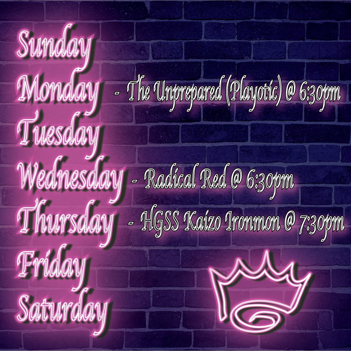 I just wanted to make a stream schedule so here it is! I had fun last week and everyone has been super supportive of me doing these streams so I thought I'd make a cute little schedule.

(Also check out The Unprepared over on <a href="/playoticgames/">Playotic Games</a> every Monday at 6:30pm)