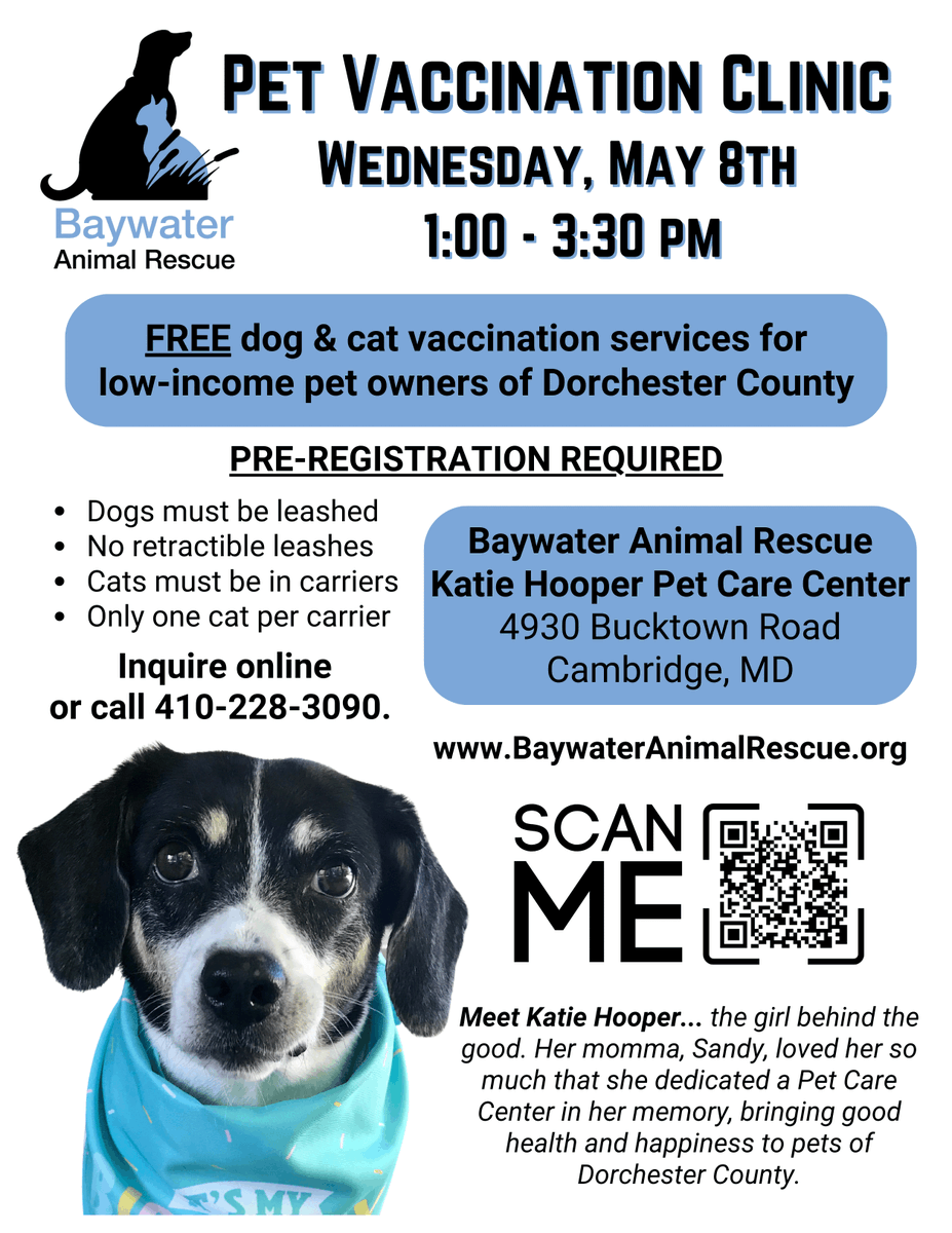 We are elated to announce our community pet vaccination day on Wednesday, May 8th. Spots are limited and only available to low-income residents of Dorchester County. Walk-ins will not be accepted. Please pre-register online at ow.ly/HQE550RgBuj, or call us at 410-228-3090.