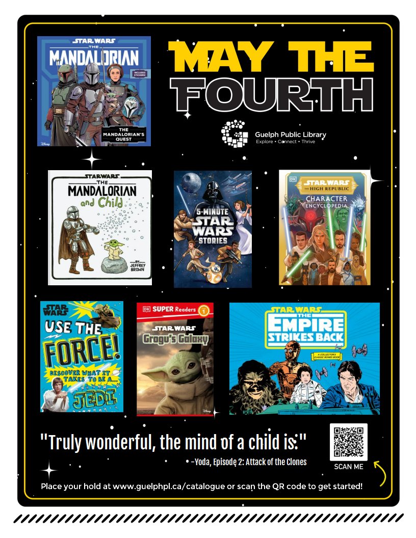 The force is strong at the Guelph Public Library. Bound to please, they are! Enjoy these #StarWars reading recommendations. Place your holds today: Adult ➡ tinyurl.com/27zw73av Children's ➡ tinyurl.com/yvn657a9