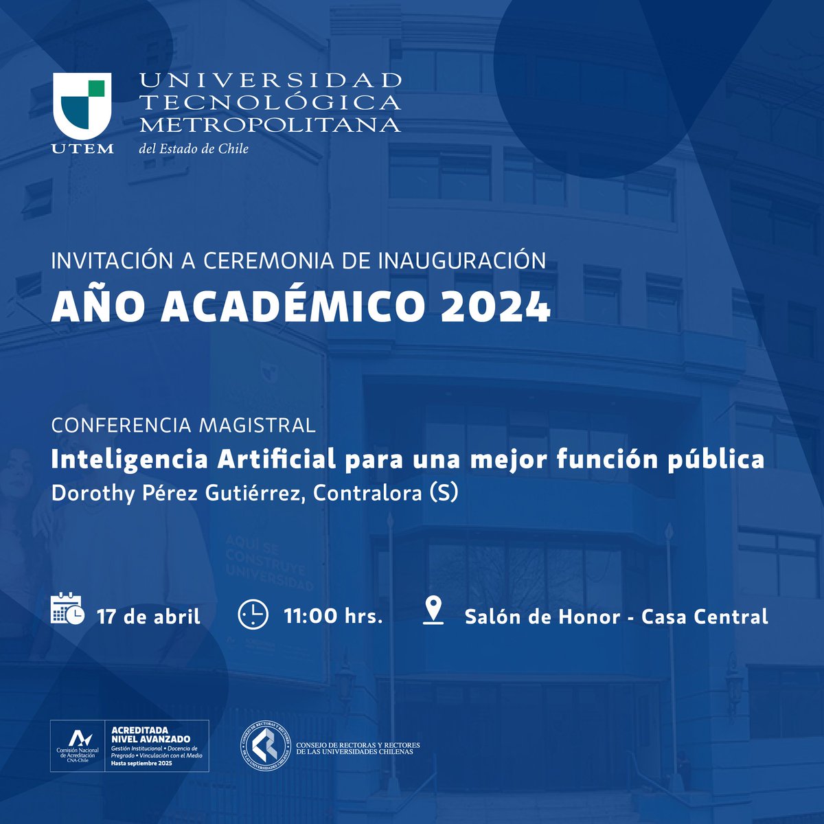 utem's tweet photo. La #UTEM invita a la comunidad académica a ser parte de la ceremonia de Inauguración del #AñoAcadémico2024, para que juntos, demos la bienvenida a un nuevo año de formación y aporte a la sociedad.
Únete a la ceremonia en Youtube #UTEMTV
🗓️ Miércoles 17 de abril
🕖 11:00 hrs. https://t.co/F1gTlI1KpD