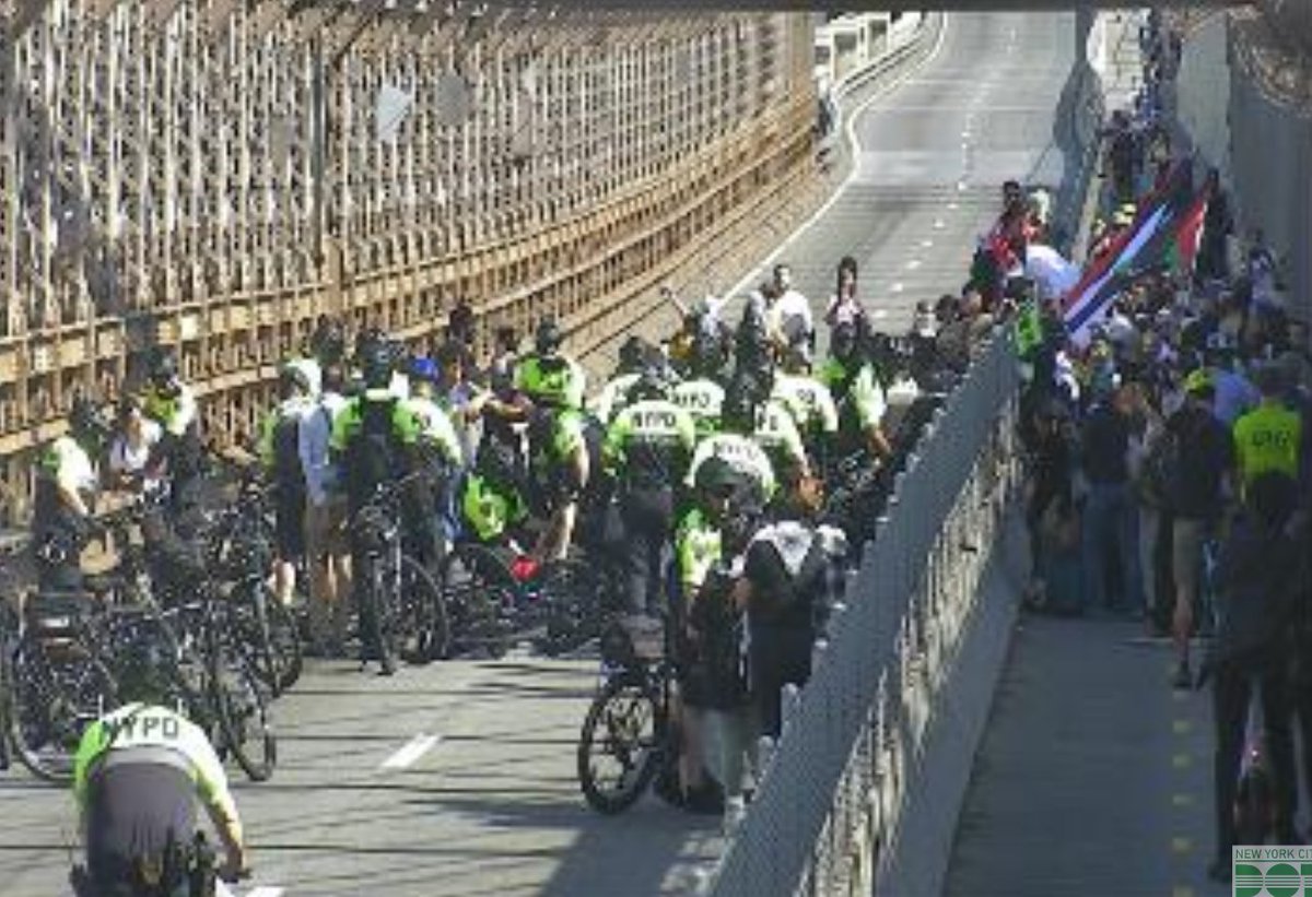 Around mid-span on the #Manhattan-bound #BrooklynBridge, many protestors have moved to the bike lane, while @NYPDnews operates in the roadway.

@WINSTRAFFICNYC @1010WINS