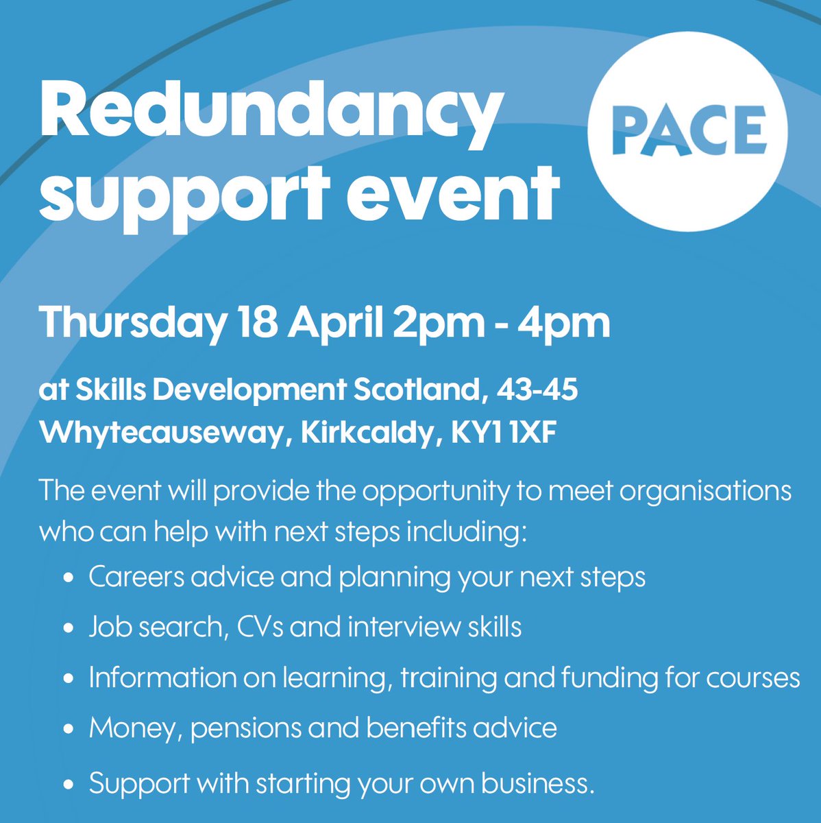 🔊 Are you facing redundancy? We will be on hand at the PACE redundancy support event this Thursday from 2pm-4pm at SDS in Kirkcaldy, providing advice about learning and training opportunities. @skillsdevscot