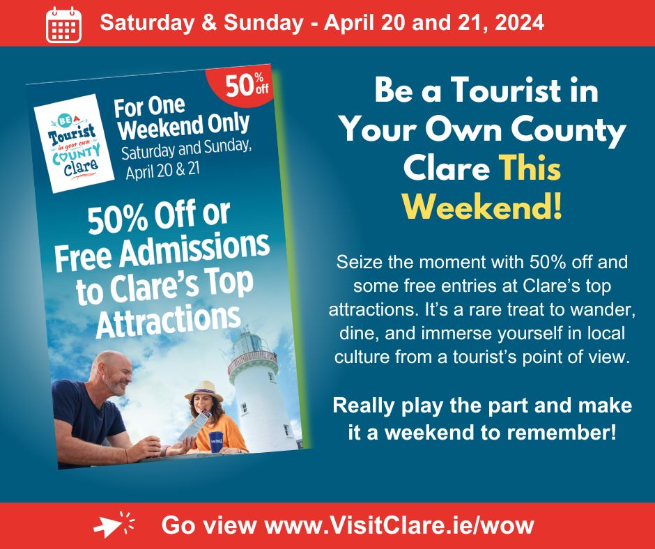 Be a Tourist in Clare this weekend 💛💙 Seize the moment with 50% off and some free entries at Clare's top attractions. It's a rare treat to immerse yourself in local culture from a tourist's point of view. To review the details of each offer VisitClare.ie/wow #visitclare