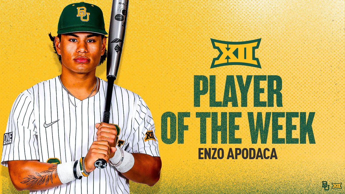 ENZOOOOOOOO 🗣️ After hitting a league-best .600 on the weekend with a home run and five RBIs, @enzo_apodaca is your Big 12 Player of the Week 🏆 🗞️: baylorbea.rs/49xrHqM #SicEm 🐻⚾️ | #Together