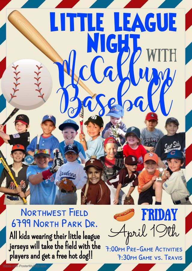 Calling all Austin-area little leaguers!!! McCallum Knights baseball is hosting Little League Night this Friday, April 19th. Wear your little league, pony league, rec baseball, or select baseball jersey and you'll take the field with the McCallum Knights varsity team before