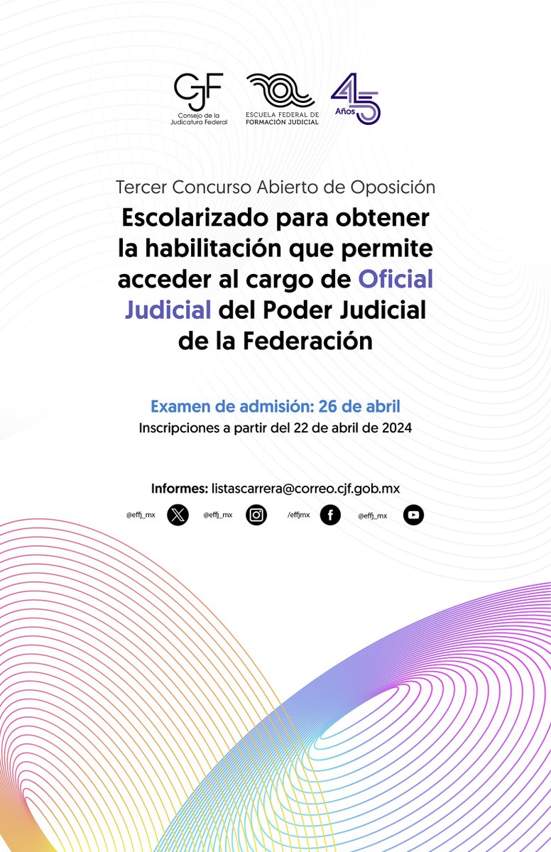 ENFJ_mx's tweet image. #SoyCarreraJudicial 

Tercer Concurso Abierto de Oposición
Escolarizado para obtener la habilitación que permite acceder al cargo de Oficial
Judicial del #PJF 

Convocatoria: cutt.ly/jw7GQfVu

Inscripciones lunes 22 abril: escuelajudicial.cjf.gob.mx