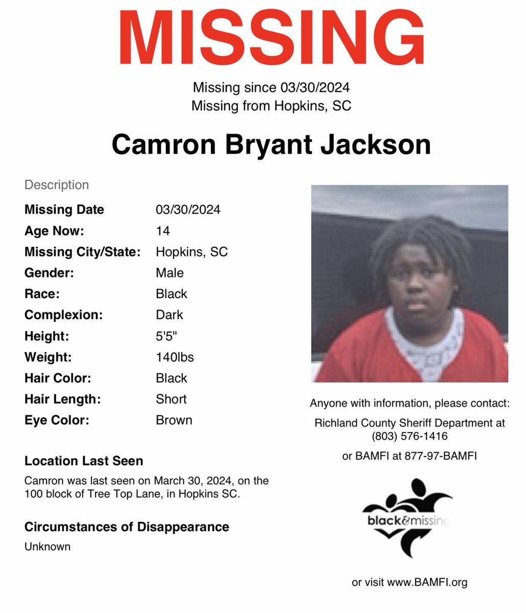 #Hopkins, #SouthCarolina: 14y/o Camron Jackson was last seen on March 30 on the 100 block of Tree Top Lane, in Hopkins. Have you seen Camron? #CamronJackson