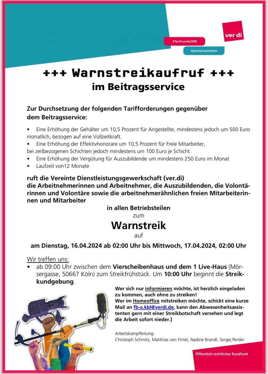 #Tarifrunde2024 #WDR #jetzteinschalten 
ver.di ruft alle Beschäftigten im WDR und Beitragsservice zum Streik auf 👇