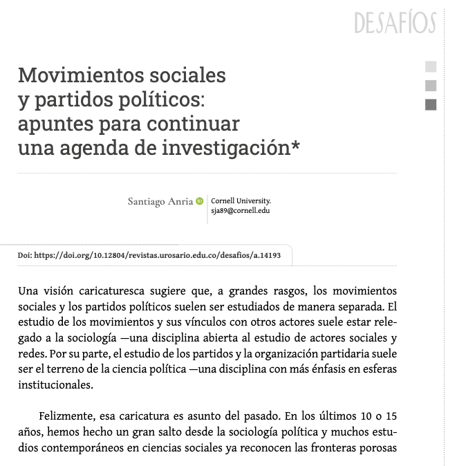 🟢NUEVO🟢 'Movimientos sociales y partidos políticos: apuntes para continuar una agenda de investigación' De: @AnriaSantiago de @cornellilr Léelo⬇️ #OpenAccess doi.org/10.12804/revis…