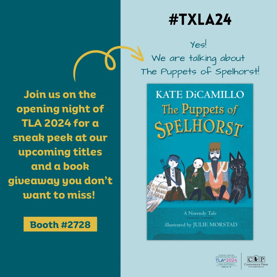 CandlewickClass's tweet photo. Make sure not to miss this 🚨GIVEAWAY🚨 of THE PUPPETS OF SPELHORST by #KateDiCamillo when #TXLA’s Exhibit Hall opens tomorrow! @Candlewick @TXLA
⏰ 2-5PM CT
📍Booth # 2728
#txla24 #texaslibraryassociation #libraryconference #library #librarians #kidsbooks #schoollibrarymonth https://t.co/XncVbTri8Y
