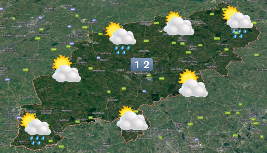 Good evening Northants. Showers, some heavy, tonight. 5°C. Sunny spells and scattered showers tomorrow in a northwesterly breeze. 12°C. A sunny start to Wednesday before clouds develop giving a few afternoon showers. A northwesterly breeze. 10°C.