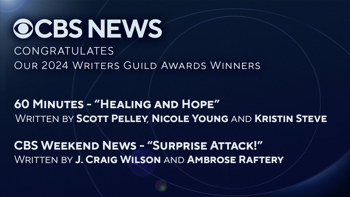 Congratulations to our <a href="/CBSNews/">CBS News</a> Writers Guild Award Winners at <a href="/60Minutes/">60 Minutes</a> and the CBS Weekend News.
Here’s a list of winners: bit.ly/3KZK1A4
