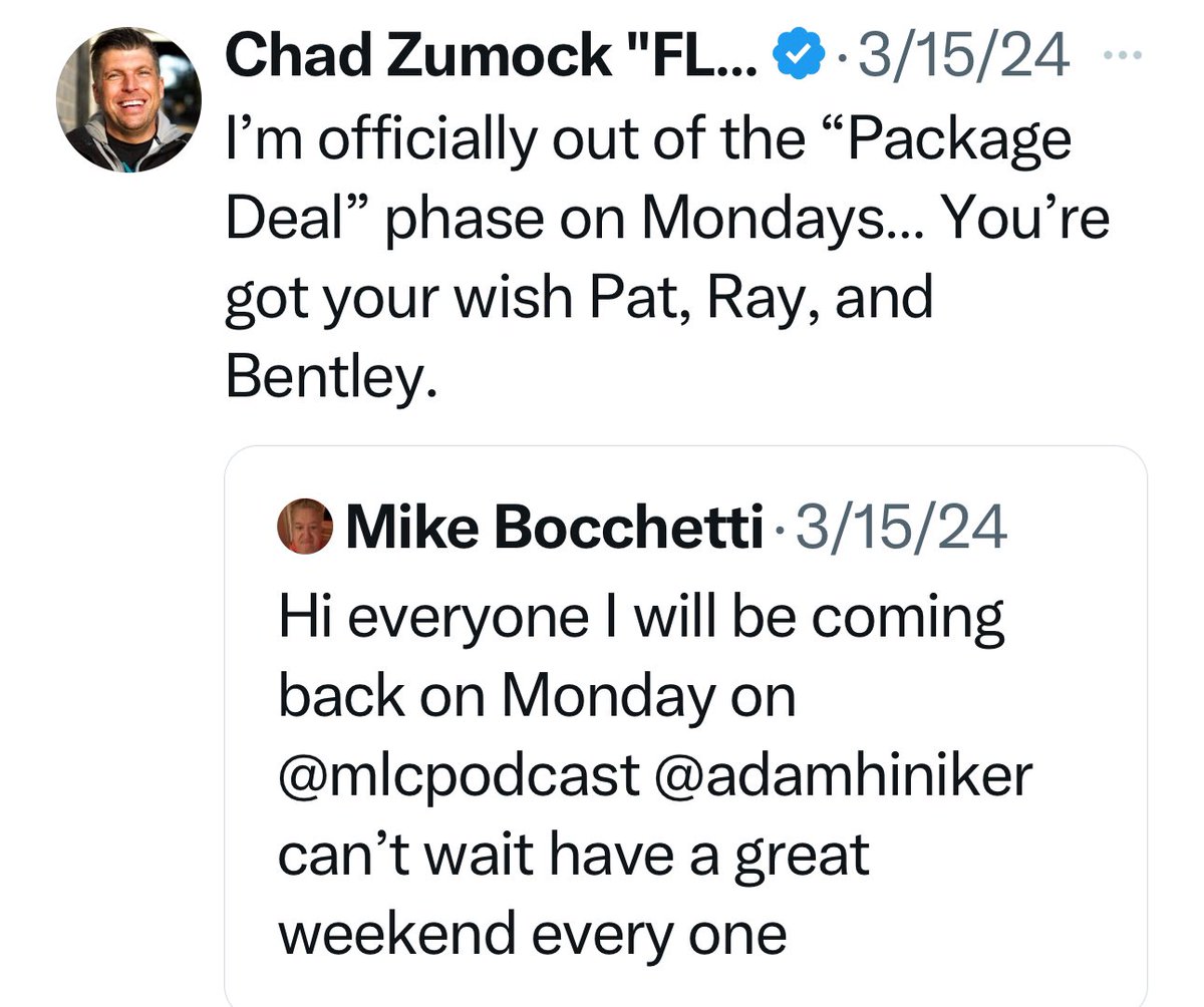 Reminder that everything @mlcpodcast pretends to care is horseshit: one month ago today, Kevin blocked and kicked Chad off MLC, and Ray and Pat Dixon were riding high with KB and all was fine with Hackamania!
