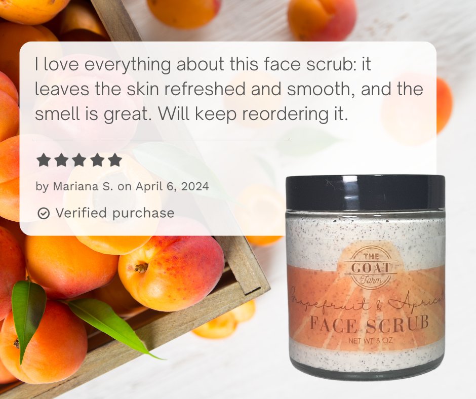 Grapefruit & Apricot Face Scrub contains skin-loving rose water, noncomedogenic oils, grapefruit essential oil, phthalate-free natural apricot fragrance oil, organic vegetable glycerin &  exfoliating apricot seed powder.

(3 oz $11.99): thegoatfarmskincare.com/product/grapef…

#allnaturalbeauty