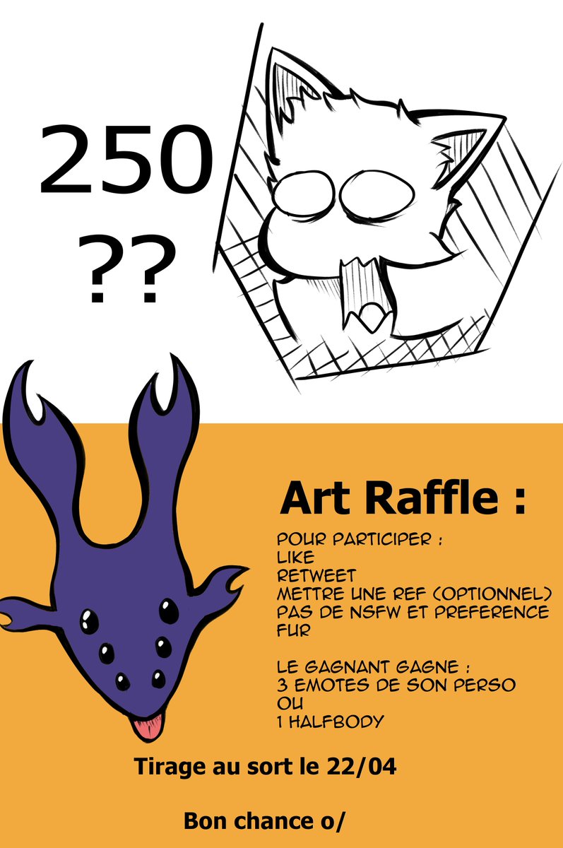 SleepyWolf8's tweet photo. Bon...
Chose promis chose du !
Un grand merci pour les 250 follows sur twitch... Vous êtes géniaux !
Et du coup on y est ! Voila l'art raffle ! 3 emotes ou 1 halfbody au choix pour le gagnant le 22 !

Like et retweet pour participer ! https://t.co/UysTQzIHxD