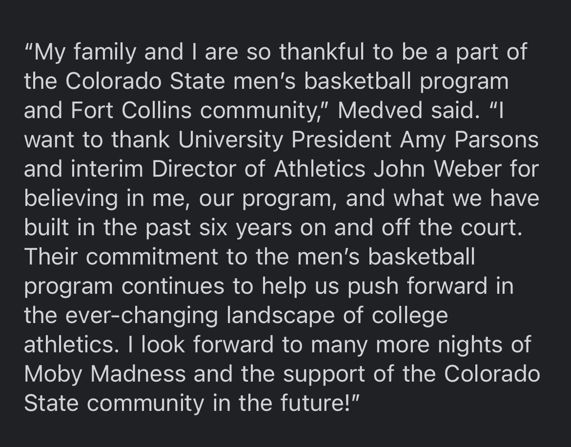 It’s now official. @coachNikoMedved has a new deal at CSU through the 2028-29 season. Either side can exercise an opt-in for 2029-30 & 2030-31.