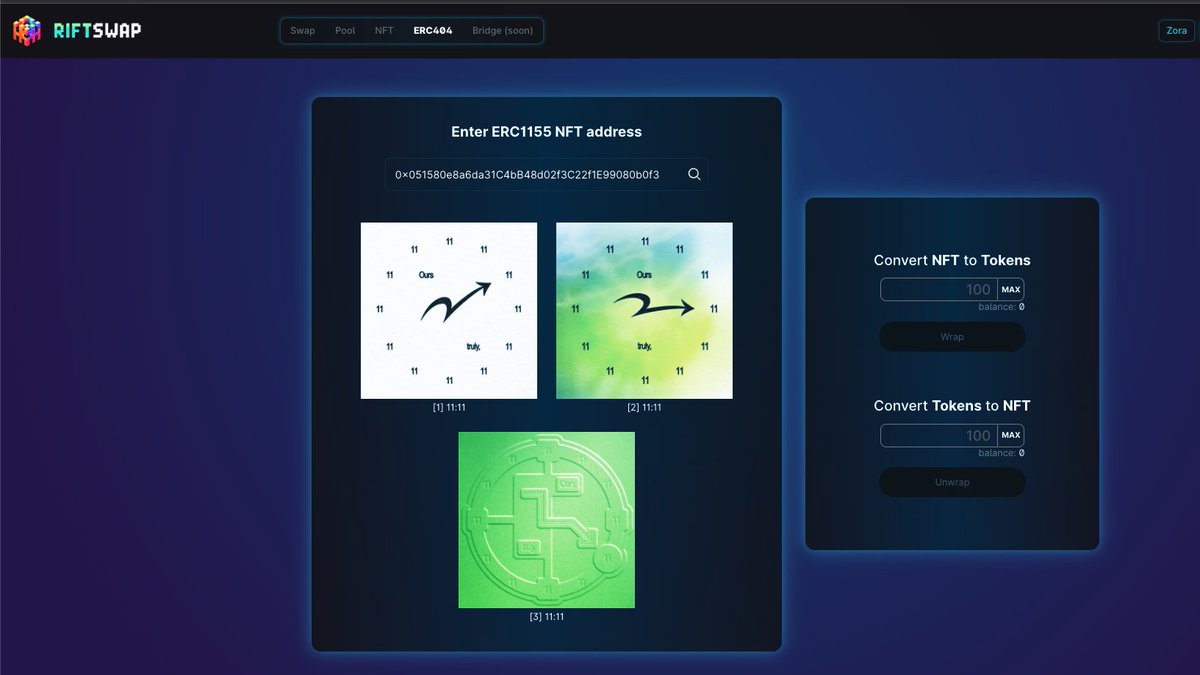 RiftSwap's tweet photo. @ourZORA @itsjonathanmf You can check out our new tool with this NFT wrapped in ERC20 on @RiftSwap! https://t.co/rkVOAyBjx2