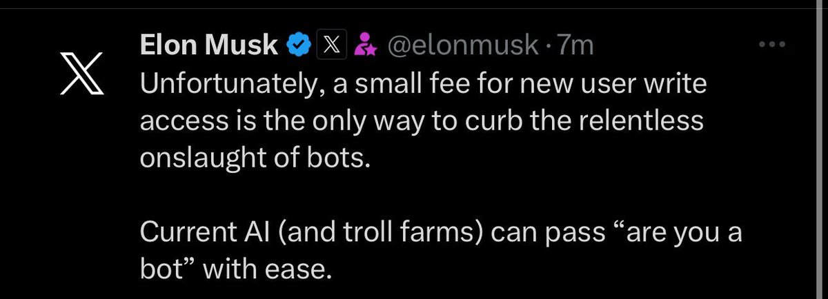 🚨BREAKING: You will soon need to pay a small fee to post If you are a new account and want to post or like, you'll need to prove you are human by paying money My concern is this: A lot of bots on X are just old accounts purchased by bad actors. This does not stop them I'm…
