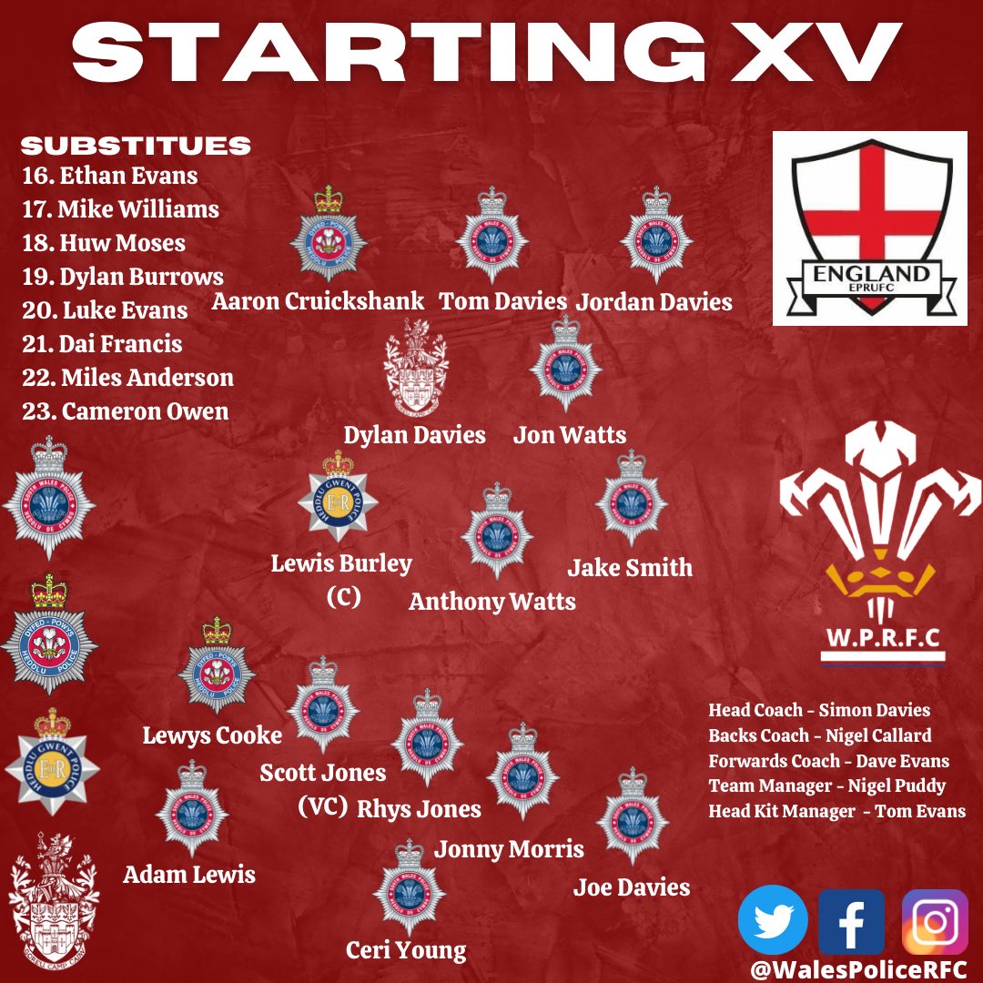 WalesPoliceRFC's tweet photo. Up to date team for the Irish Police fixture 🏉 https://t.co/Gvi5sjS9fa