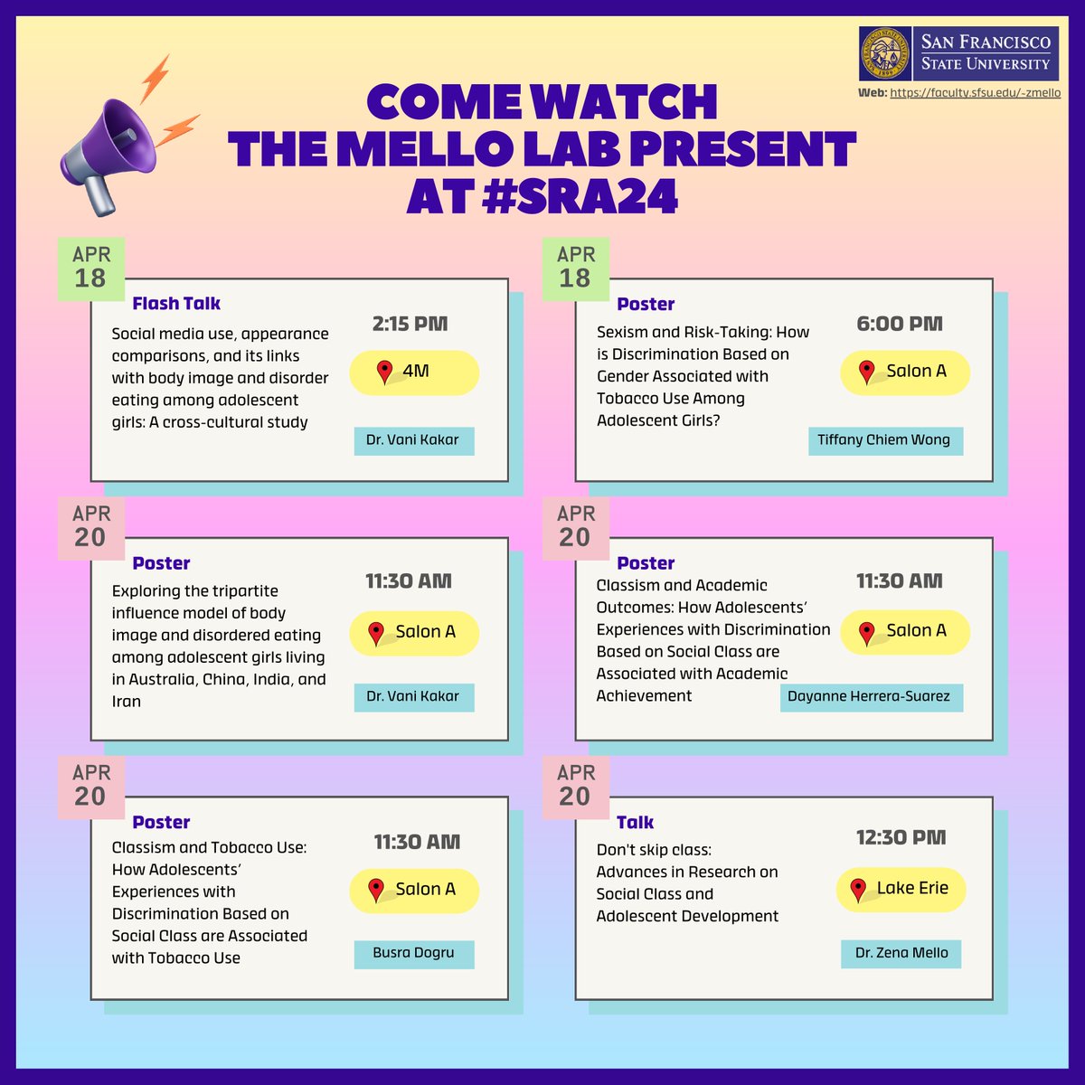 Excited to announce that we have six presentations from the Mello Lab for this upcoming week <a href="/SRAdolescence/">Society for Research on Adolescence</a> ! Looking forward to all of the incredible events ahead #SRA2024