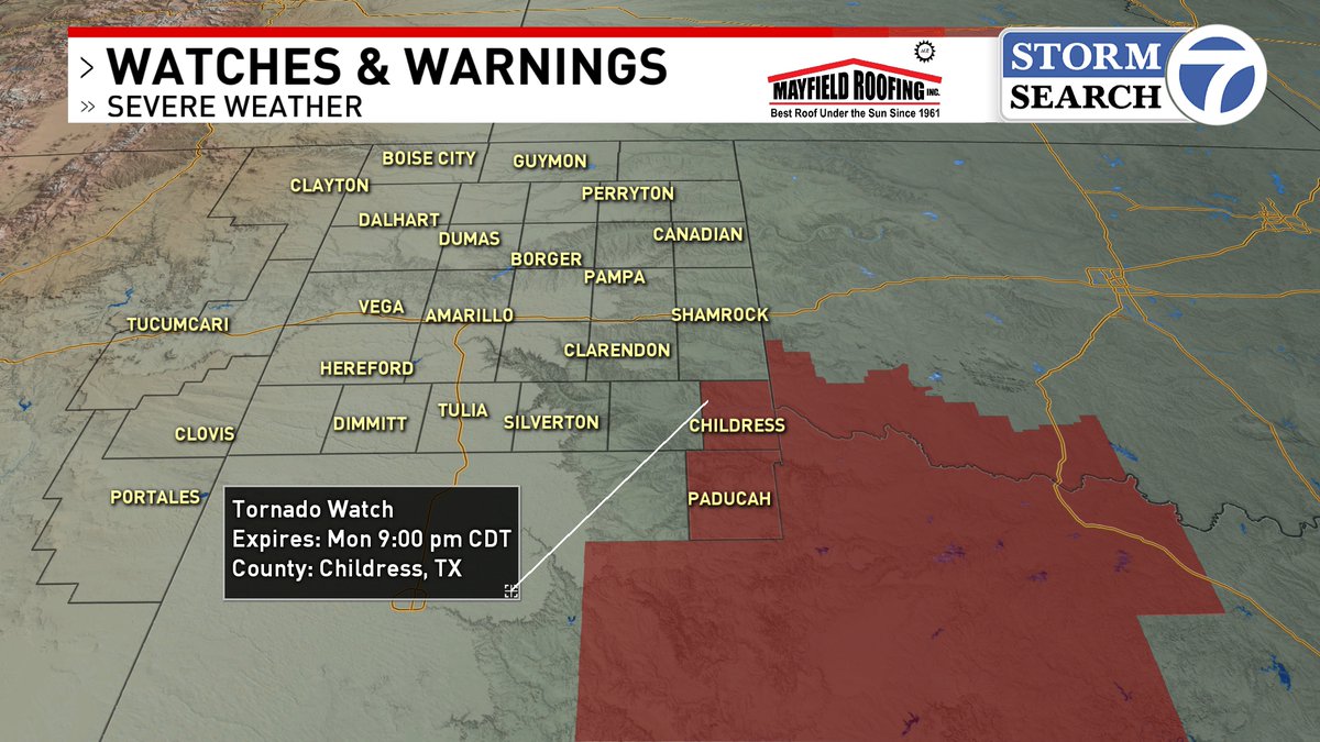 TORNADO WATCH: Storms will primarily stay out of the panhandles today; however, Childress and Cottle county are under a tornado watch until 9PM CDT. #txwx #okwx #nmwx @StormSearch7 @ABC7Amarillo