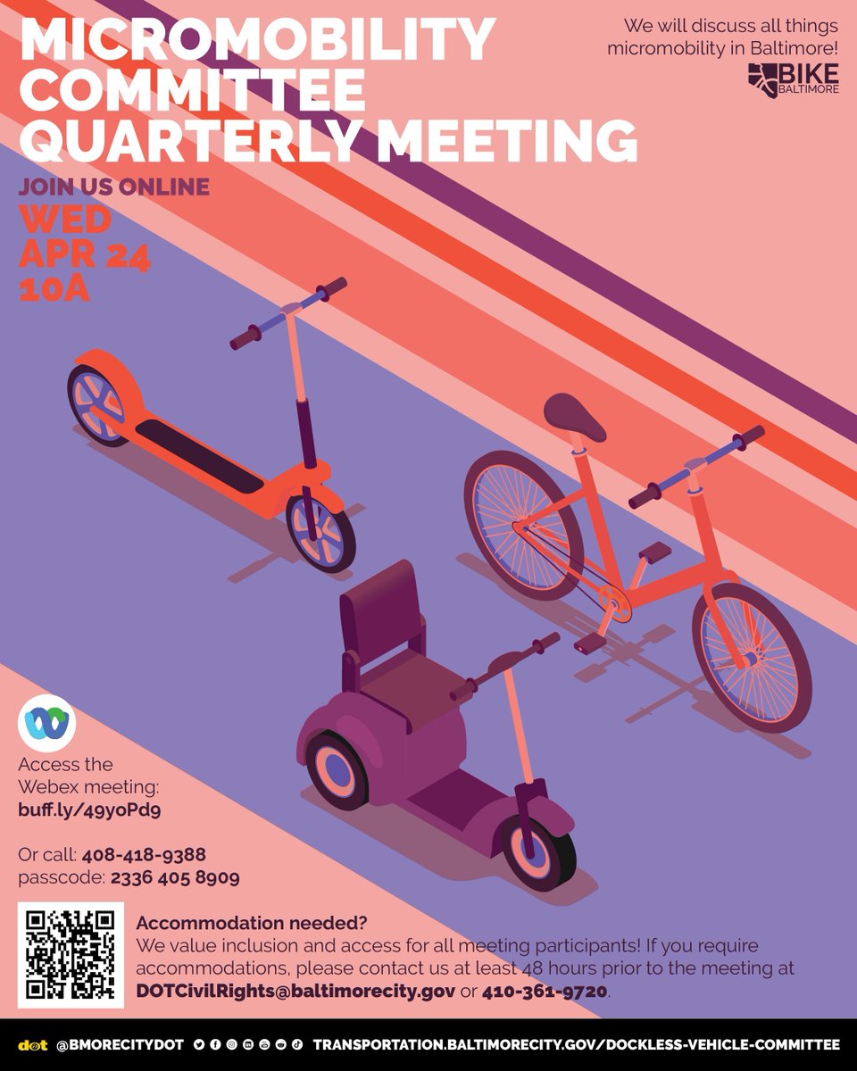 Come to the Micromobility Quarterly Meeting! Wed Apr 24 10A buff.ly/49yoPd9 We will discuss all things micromobility in Baltimore!