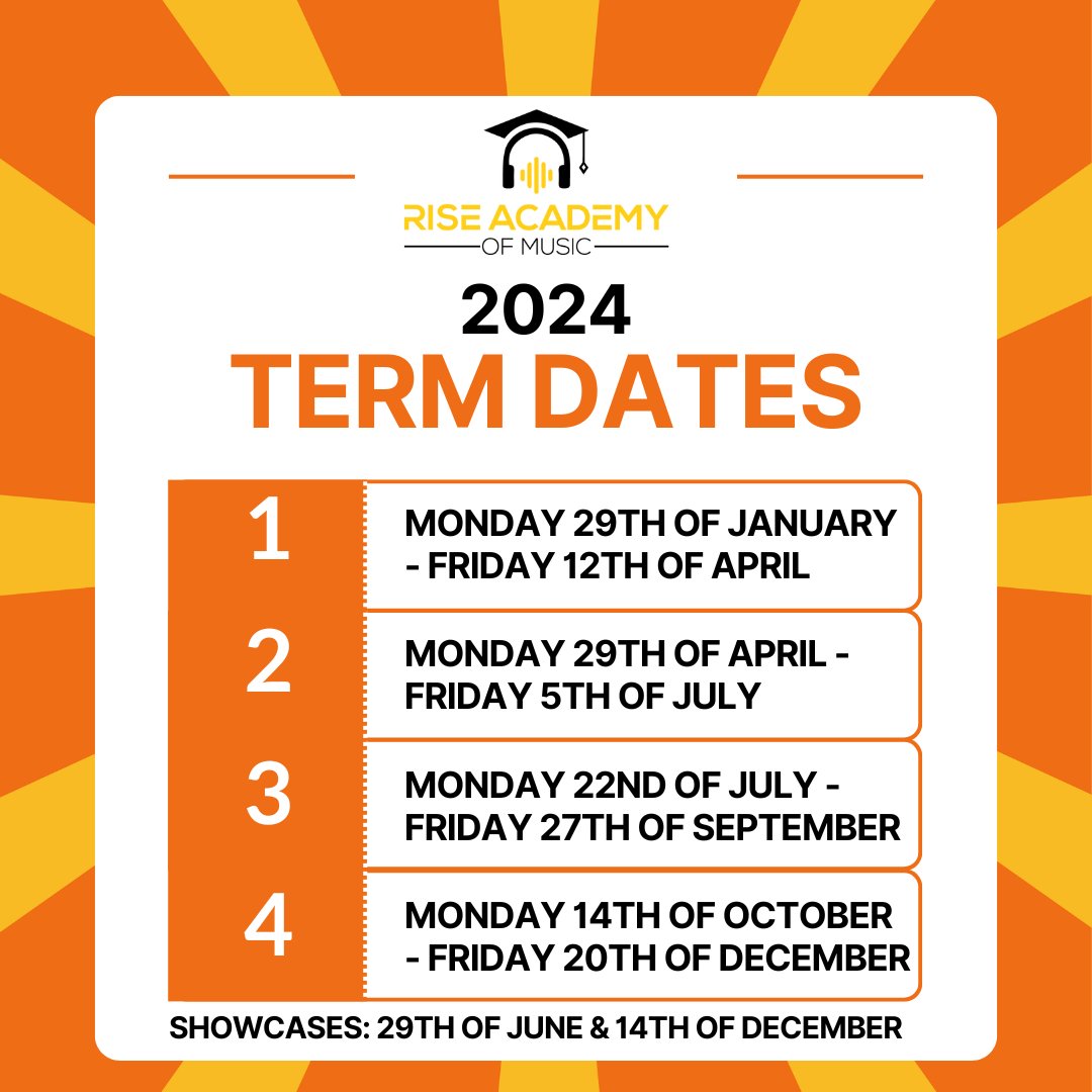 🗓️✨ Exciting news, students! 🎉 As we prepare for our showcase, here the term dates for 2024! Get ready to mark your calendars and plan ahead for an amazing year ahead. 📆 Let the countdown to a new academic journey begin! 🚀 #TermDates2024 #PlanAhead #NewAcademicYear
