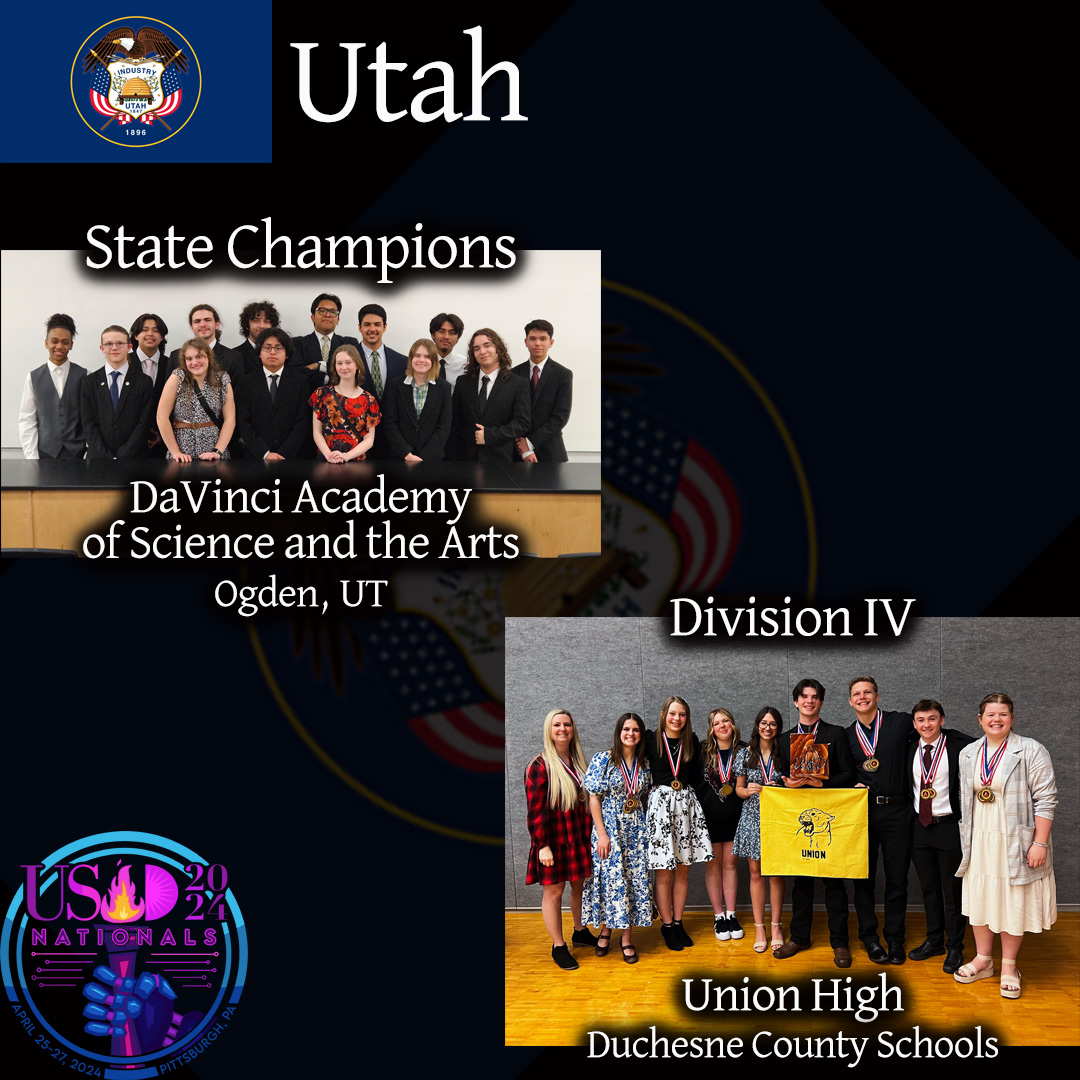 Congrats to the two teams who will represent the great state of Utah at #USADNats2024. We hope all of Utah is celebrating your wonderful accomplishments. Good luck and safet travels to Pittsburgh! @DaVinci_Academy @UTBoardofEd