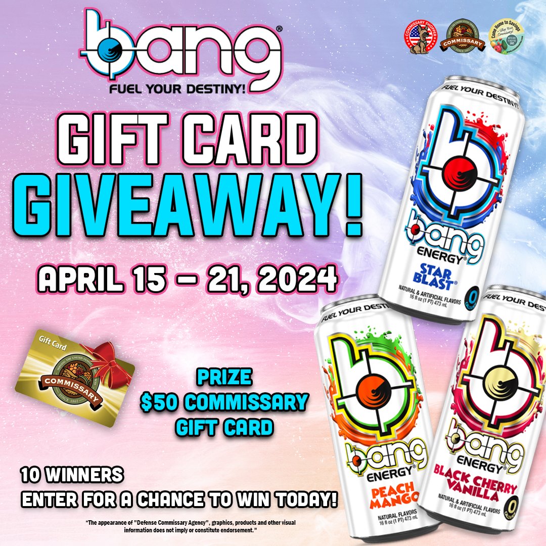 Fuel Your Body & Your Wallet! 💰 Enter the BANG Energy contest and you could win a $50 Commissary Gift Card to power up your next Commissary shopping trip! Click link and complete the Google Form: 👉 ow.ly/akrO50QYGt8 Hurry! Contest ends April 21!