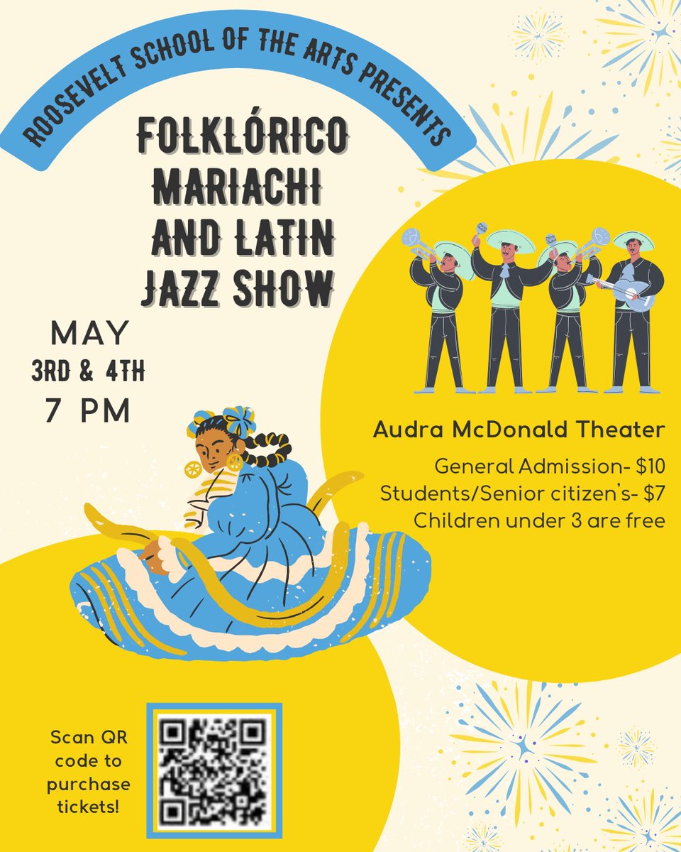 🎶Join us for two nights of incredible music and dancing. Get ready for our Folklorico, Mariachi, and Latin Jazz show on May 3rd & 4th at 7 pm. Scan the QR code to purchase tickets. 🌟