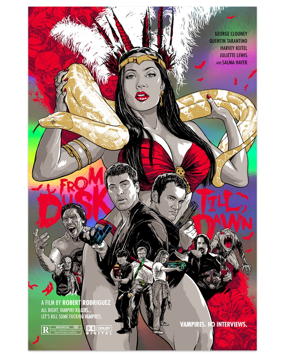 'You'll live for me.' Spoke Art favorite @JBudich is back with his newest screen print dedicated to the films of #QuentinTarantino. Take #SantanicoPandemonium home with you: spoke-art.com/collections/co… #JoshuaBudich #SpokeArt #FromDuskTillDawn #Tarantino #vampire #vampires #movie