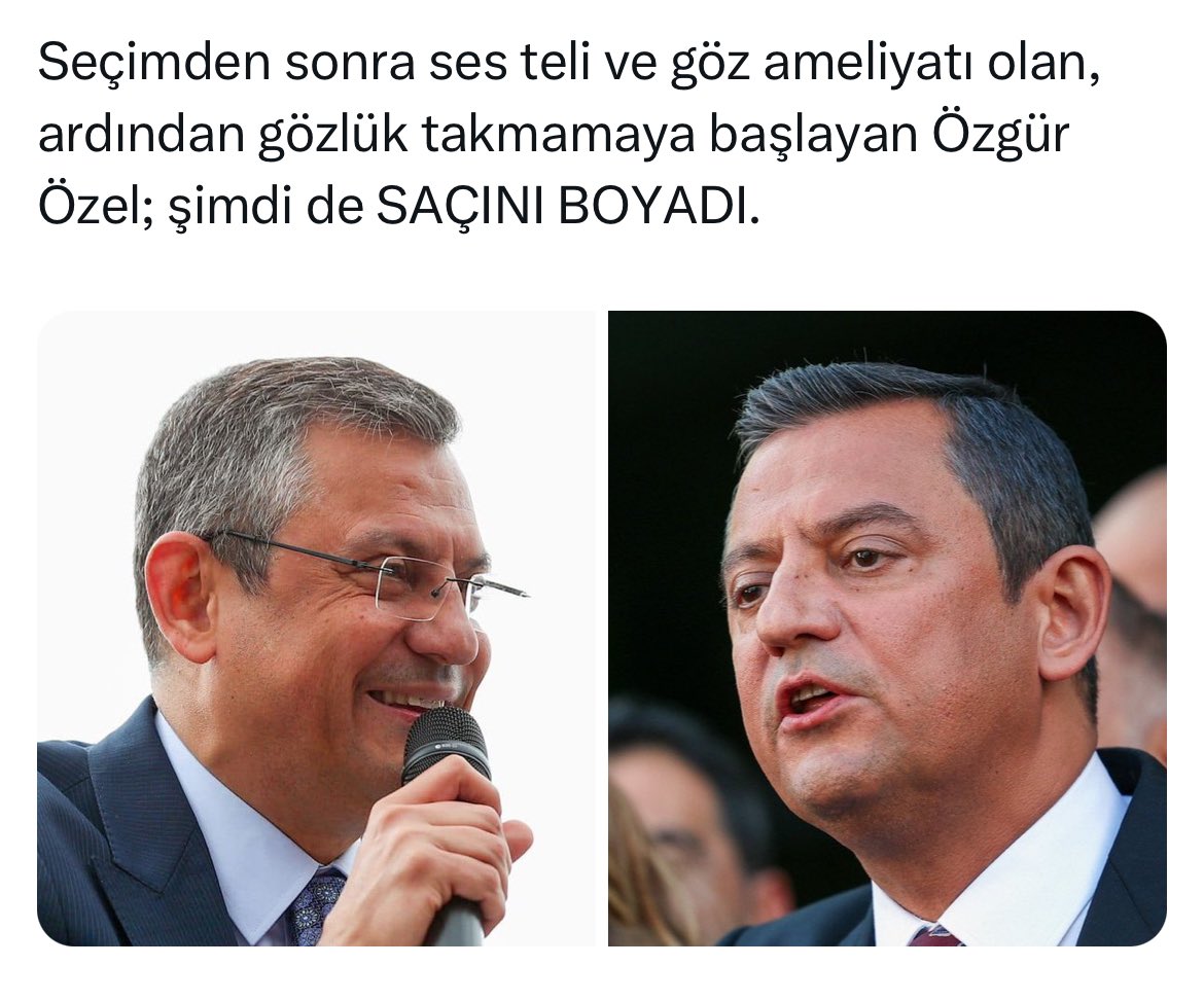 Saçları sarıya boyayıp, geriye doğru tarasa, mavi lens taksa bence daha iyi olurmuş 🤷‍♂️ Şaka bir yana Clark Kent gibi bir değişim yaşamış.. Erdoğan da iktidara gelebilmek için gömlek değiştirmişti Özgür Özel 👏 👏